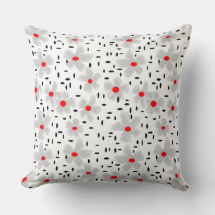 grey with red flowers on white background retro cushion