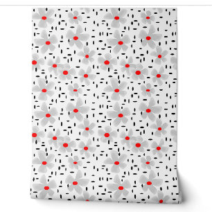 grey with red flowers on white background retro wallpaper