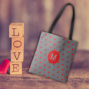 Grey with Red Hearts Monogramed Letter  Tote Bag