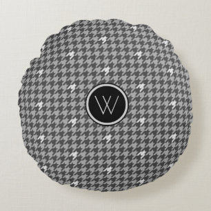 Grey with Silver Accent Houndstooth Round Pillow