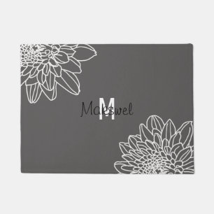 Grey With White Flowers Welcome Door Mat