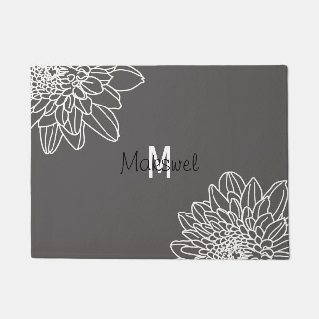 Grey With White Flowers Welcome Door Mat (Front)