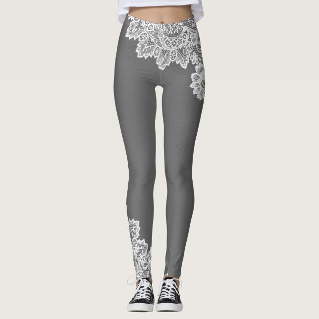 Grey with white Lace accent Leggings (Front)