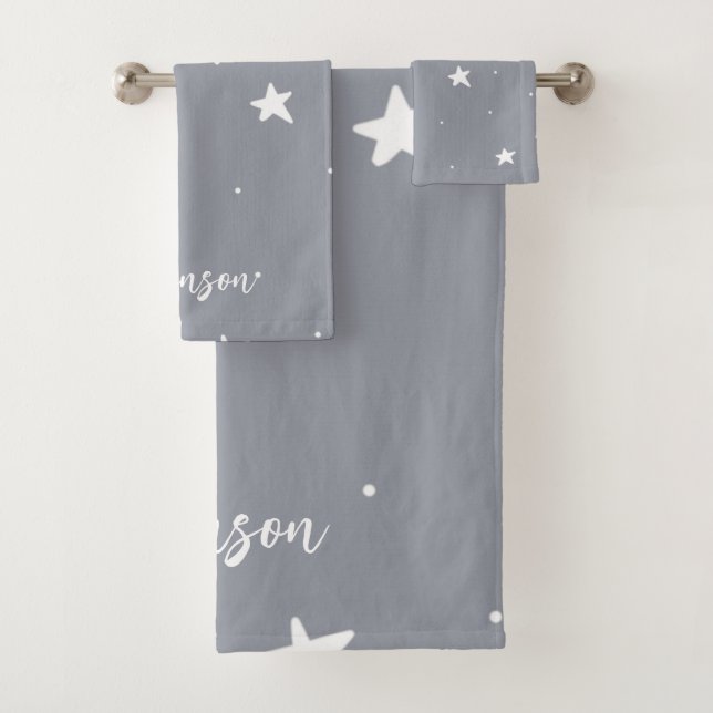 Grey with White Stars Personalised Bath Towel Set (Insitu)