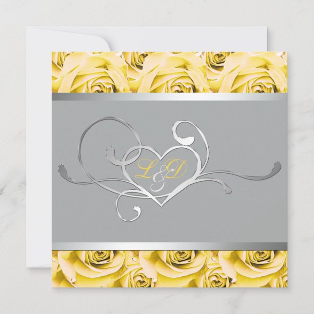 Grey with Yellow Roses Monogrammed Invitation (Front)