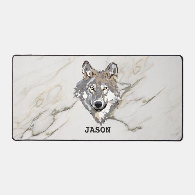 Grey Wolf And Marble Stone Desk Mat (Front)