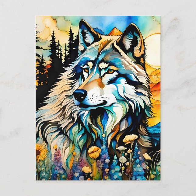 Grey wolf and Wildflowers Postcard (Front)