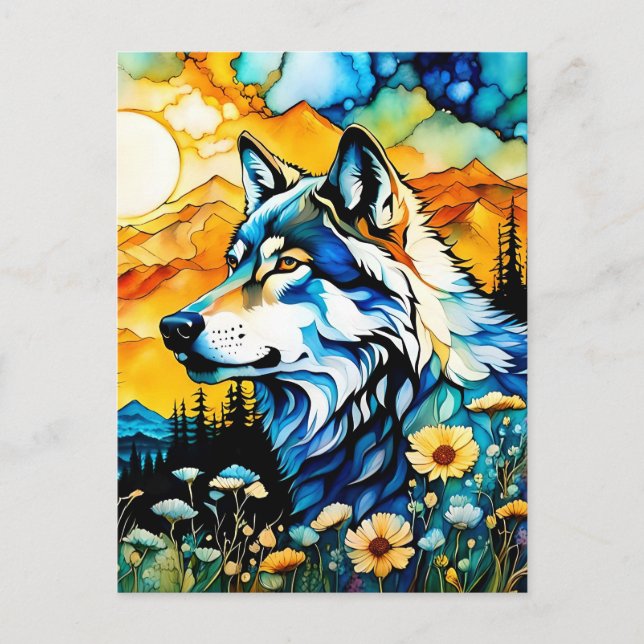 Grey wolf and Wildflowers Postcard (Front)