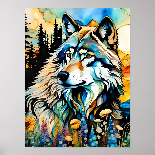 Grey wolf and Wildflowers Poster (Front)
