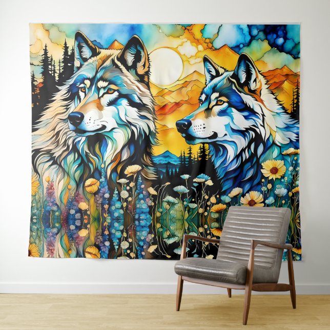 Grey wolf and Wildflowers Tapestry (In Situ (Horizontal))