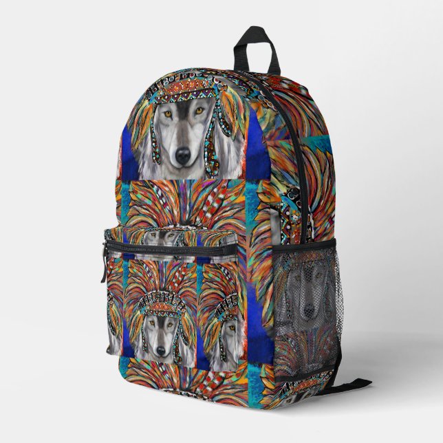 Grey Wolf Art Printed Backpack (Back Corner Right)