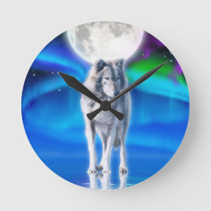 Grey Wolf & Aurora Moon Wildlife Art Clock