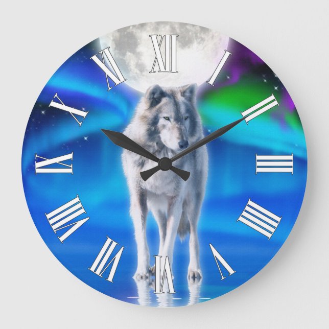Grey Wolf & Aurora Moon Wildlife Art Clock (Front)