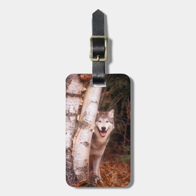 Grey Wolf Behind a Tree Luggage Tag (Front Vertical)