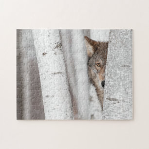 Grey Wolf (Canis lupus) Behind Tree Jigsaw Puzzle