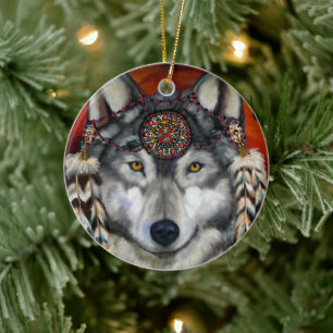 GREY WOLF CERAMIC ORNAMENT