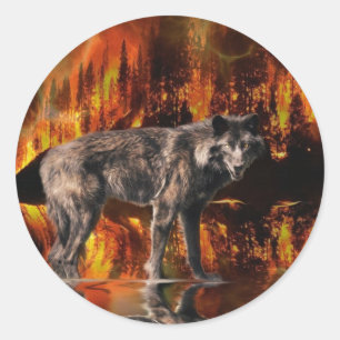 Grey Wolf & Forest Fire Survival Wildlife Art Classic Round Sticker