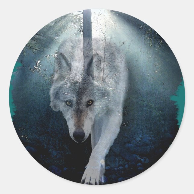 GREY WOLF & FOREST Wildlife Series Classic Round Sticker (Front)