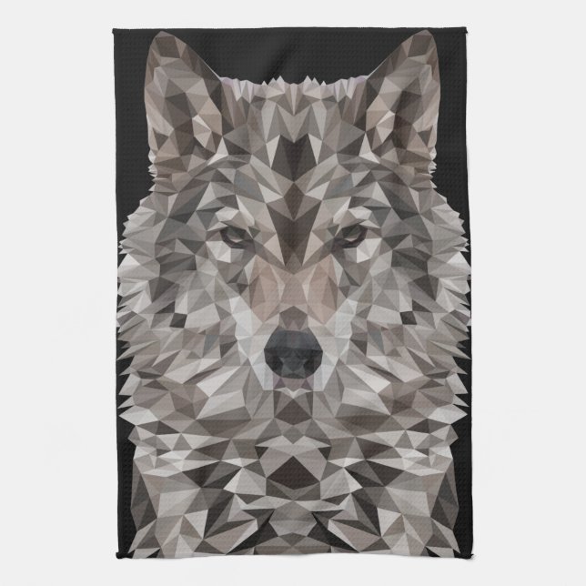 Grey Wolf Geometric Portrait Tea Towel (Vertical)