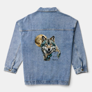 Grey Wolf & Gold Moon Teal *Personalise* Denim Jacket