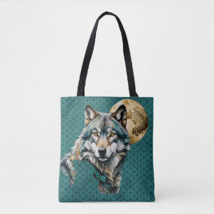 Grey Wolf & Gold Moon Teal Tote Bag