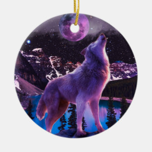 Grey wolf howling in forest ceramic ornament
