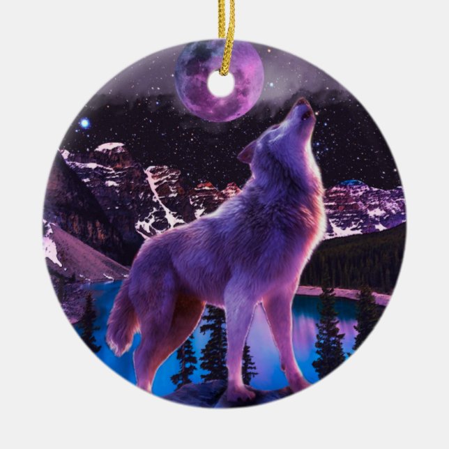 Grey wolf howling in forest ceramic ornament (Front)