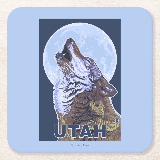 Grey Wolf HowlingUtah Square Paper Coaster (Front)