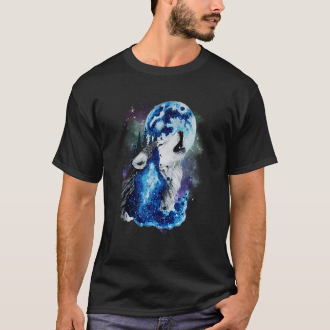 Grey Wolf Hunting Ground Icy Moon Forest Galaxy T-Shirt (Front)
