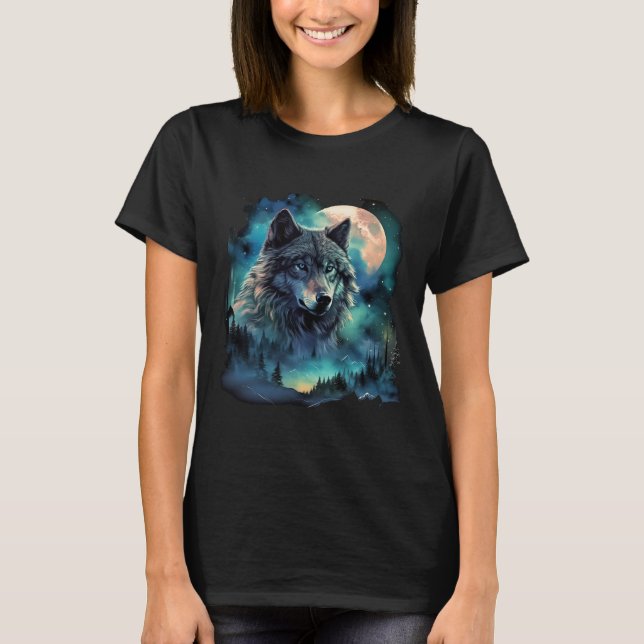 Grey Wolf Hunting Grounds Icy Moon Forest Galaxy  T-Shirt (Front)