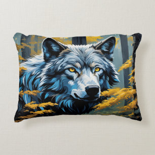 Grey Wolf in Golden Forest Decorative Cushion