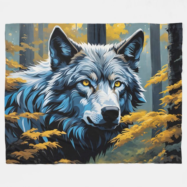 Grey Wolf in Golden Forest Fleece Blanket (Front (Horizontal))