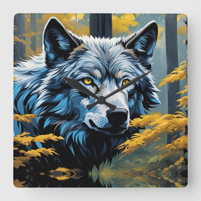 Grey Wolf in Golden Forest Square Wall Clock (Front)