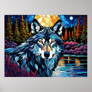 Grey Wolf in the Forest Stained Glass Look Poster