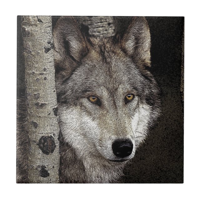 Grey wolf ink art Tile or Trivet (Front)