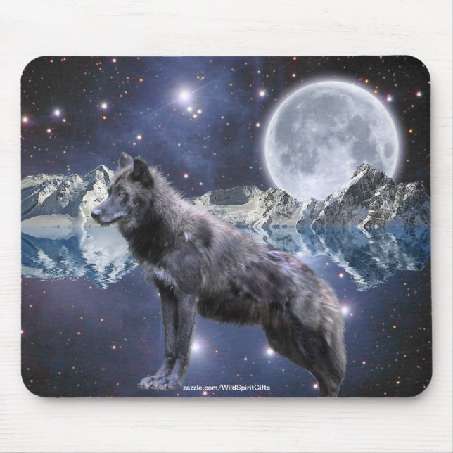 Grey Wolf & Moon Fantasy Art Wildlife-lover Mouse Pad (Front)