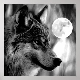 Grey Wolf & Moon Poster Print