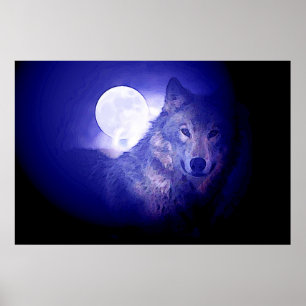 Grey Wolf & Moon Poster Print - Blue Night Wolves