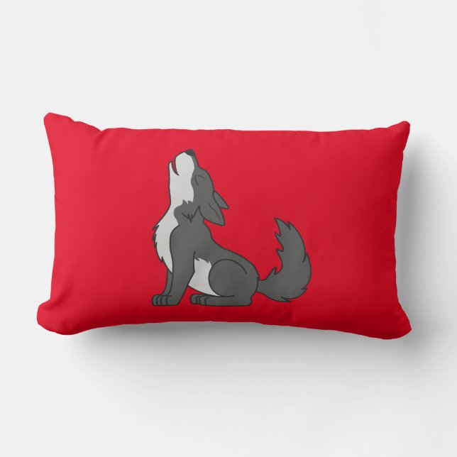 Grey Wolf Pup Howling Lumbar Cushion (Front)