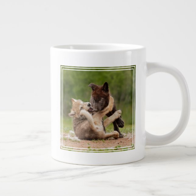 Grey Wolf Pups Wrestling Large Coffee Mug (Right)