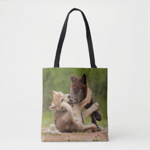 Grey Wolf Pups Wrestling Tote Bag