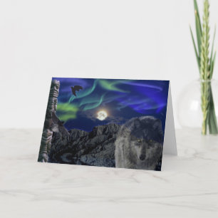 Grey Wolf, Ravens & Aurora Greeting-card Card