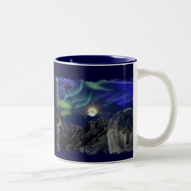 Grey Wolf, Ravens & Aurora & Totem Wildlife Mug (Right)