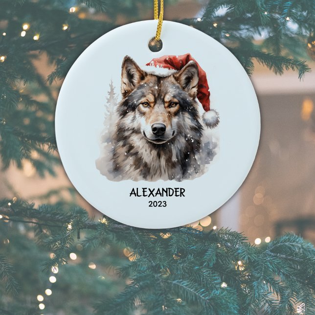 Grey Wolf Red White Santa Hat Personalised Ceramic Ornament (Add Name and Year (or other text) to personalize. Or delete text if not required. )