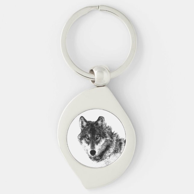 Grey Wolf Sketch Artwork Key Ring (Front)