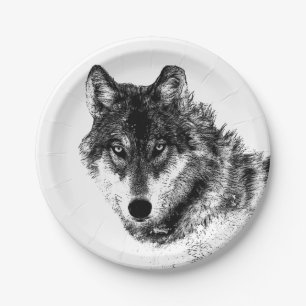 Grey Wolf Sketch Artwork Paper Plate