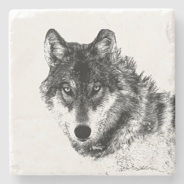 Grey Wolf Sketch Artwork Stone Coaster (Front)