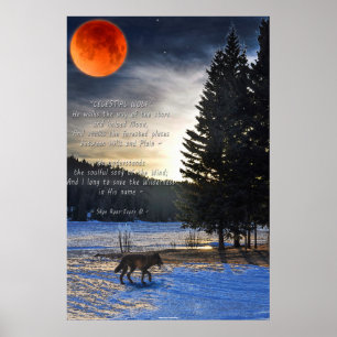 Grey Wolf, Snow, Blood Moon & Lake w Wolf Poem Poster