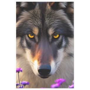 Grey Wolf Stare and Purple flowers Tissue Paper