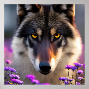 Grey wolf Stare - pink and purple flowers Poster